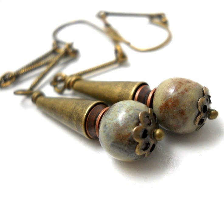 Rustic Brass Cone Earrings, Elaine Ray tiny Ceramic Beads, Copper Bobbins, Antiqued Brass Cones and Delicate Chain