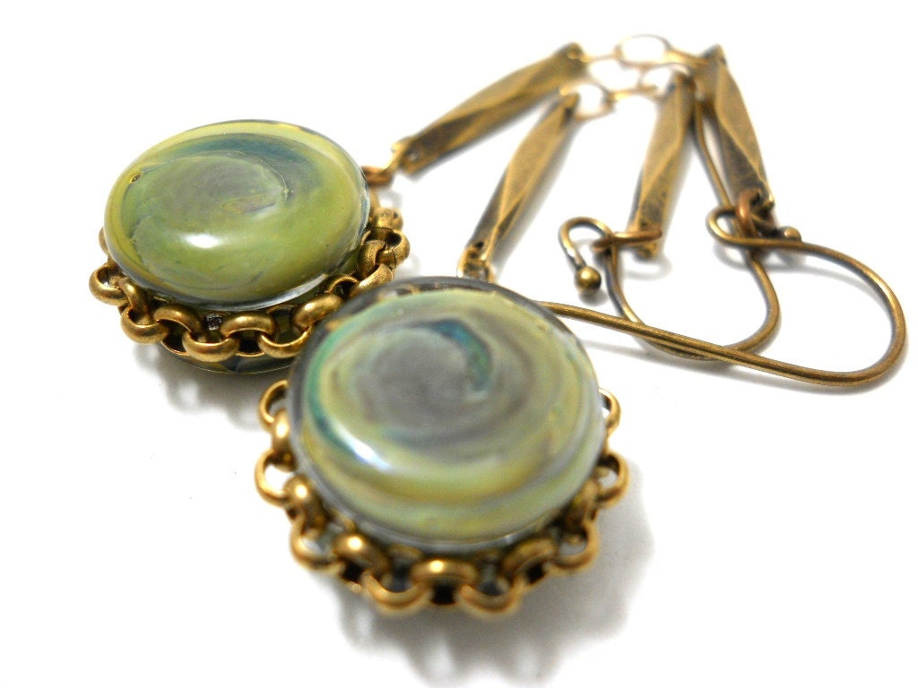 Green Glass Yo-Yo Earrings, Khaki Green Yellow Lampwork Yo-Yo Beads, Brass Chain, Dangle Earrings, Glass Boho Fashion