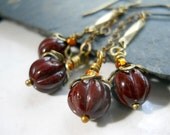 Glass Dangle Earrings, Burgundy Glass Pumpkin Beads, Antiqued Brass, Chain, Orange, Vintage Style Jewelry