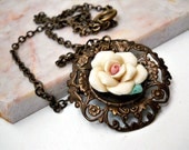 Porcelain Rose Floral Necklace, Antiqued Filigree, Pendant, Pale Pink Rose, Vintaj Brass Chain, Vintage Inspired