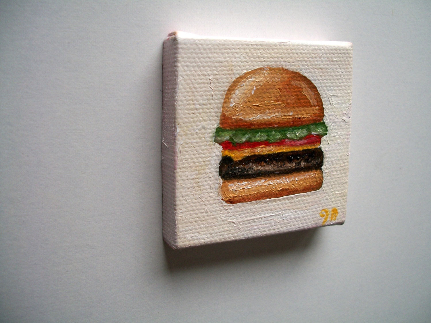 Original Mini Cheeseburger Oil Painting 2x2