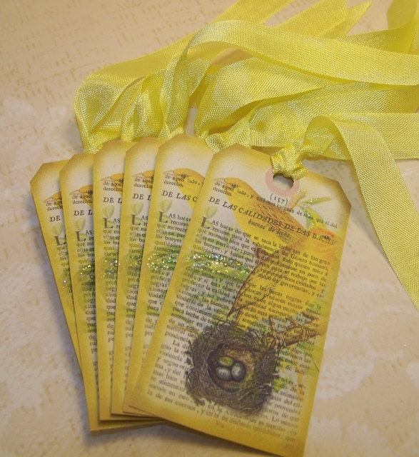 Bird Tags - Nest - Yellow and Cream - Set of 6