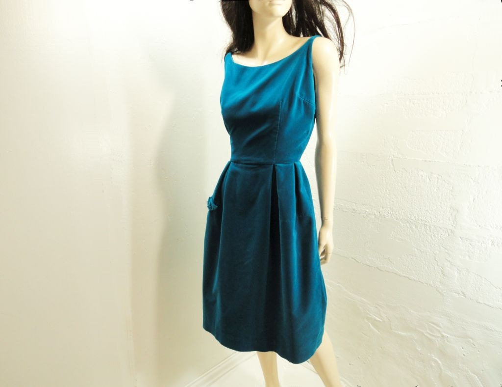 60s Dress 1960s Vintage Velvet Cerulean Sapphire Size S