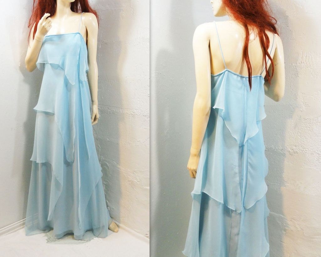 70s Dress Prom Vintage 1970s Long Powder Blue Chiffon/ xs