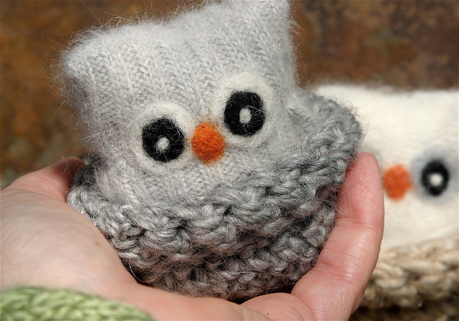 Adopt a Baby Owl ... angora eco wool felt owl nest brown white gray (woolcrazy)