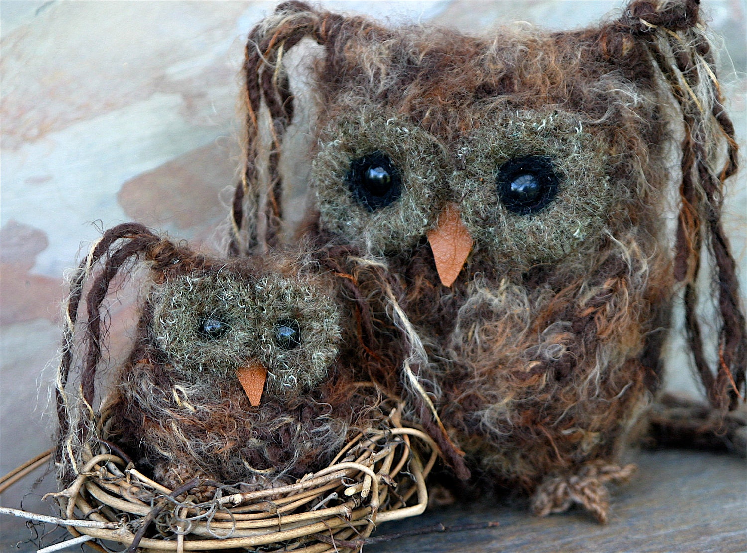 Super size 7 inchs tall Plush Brown Baby Owl ... knit fuzzy ecofriendly felt wool owl toy (woolcrazy)