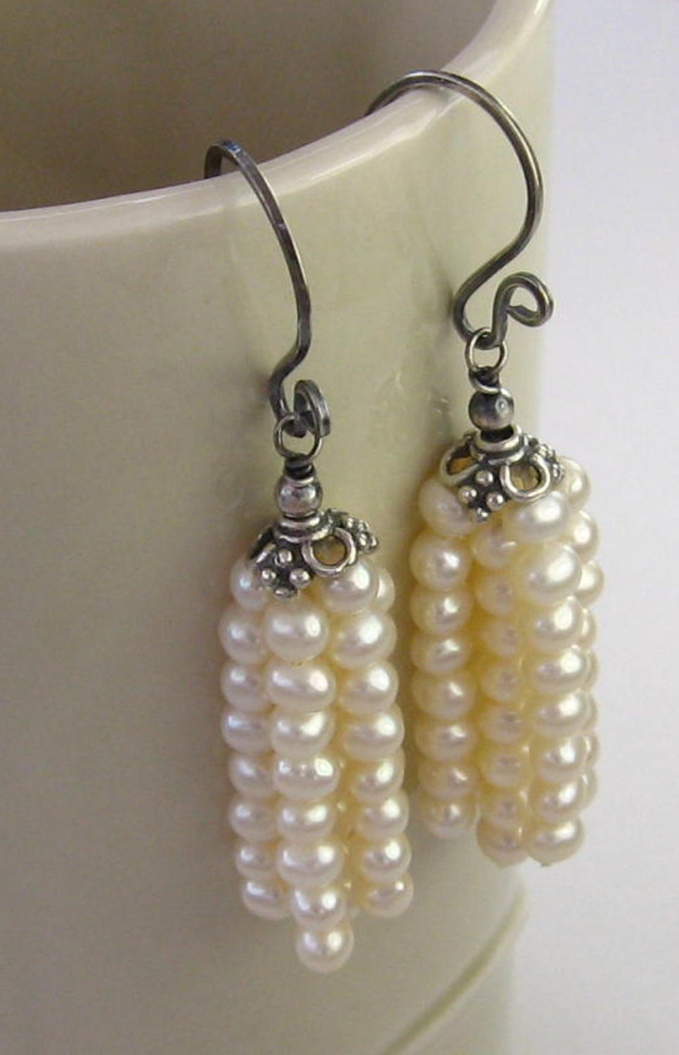 Pearl Earrings Sterling Silver Oxidized Tassel Handmade - Daisy