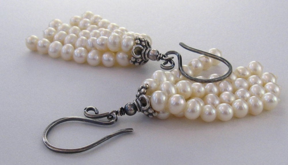 Pearl Earrings Sterling Silver Oxidized Tassel Handmade - Daisy