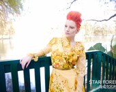 1970's yellow daisy dress of happiness and love- chiffon maxi dress with green velvet trim and ruffles, ruffles, ruffles