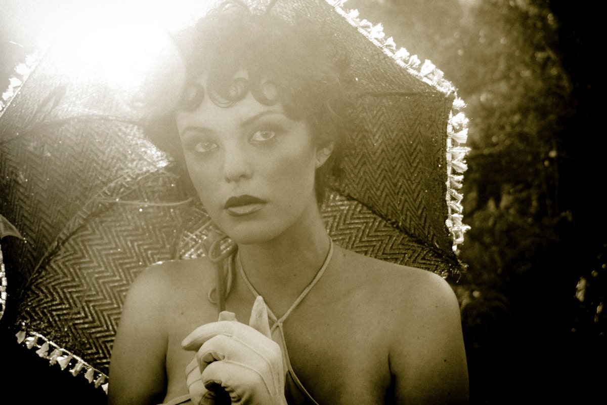 Indian Parasol (black and white fashion photography circus carnival vintage model haute couture fine art metallic poster)