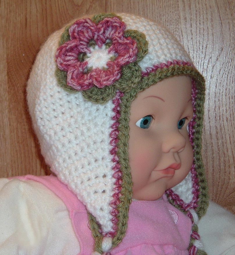 Ear Flap Hat with flower and braids for 9 to 12 month baby
