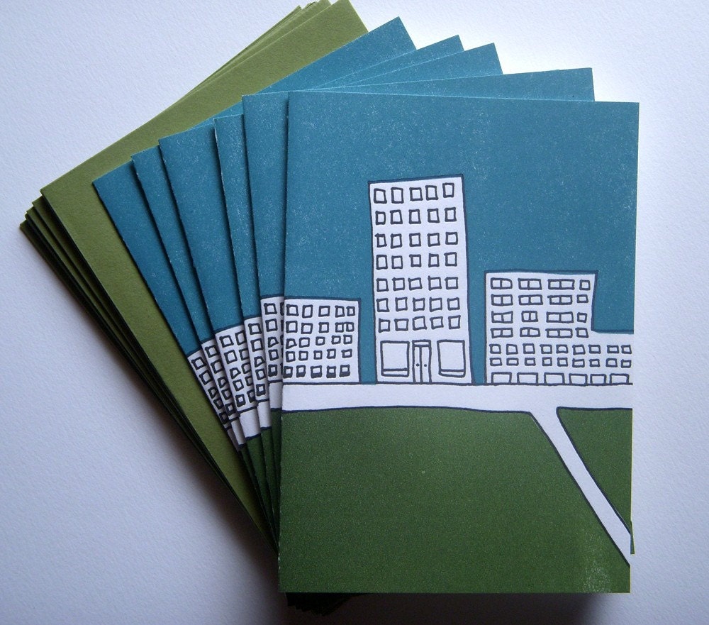 6 Letterpress Thank You / Note cards - Architecture Cityscape