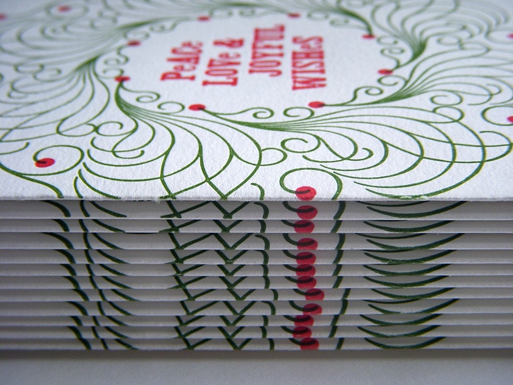 New Year SALE Letterpress Christmas The Peace Love Joyful Wreath Holiday Cards - Set of 12