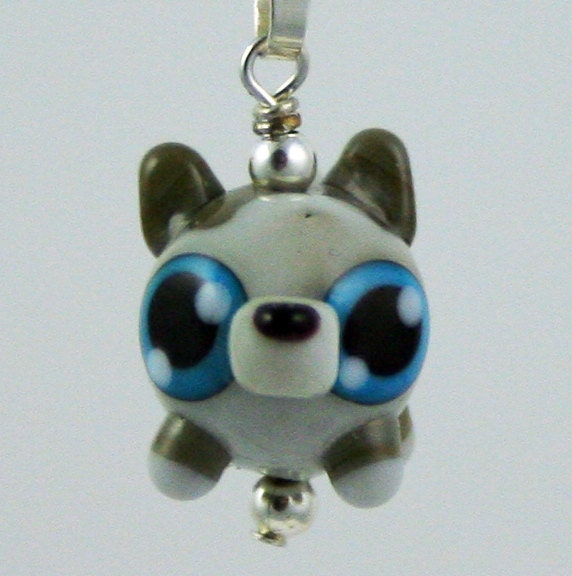 Adorable Grey Dire Wolf Husky Lampwork Glass Necklace and Cell Charm