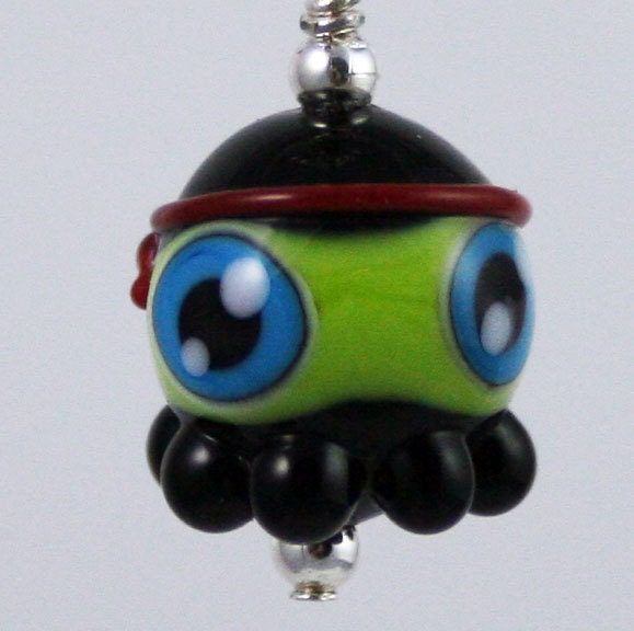 Green Ninja Octopus Lampwork Glass Necklace and Cell Charm
