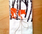 Fox / Wolf Kitchen tea towel, flour sack towel, white cotton screenprint, orange and black ink, running in the woods