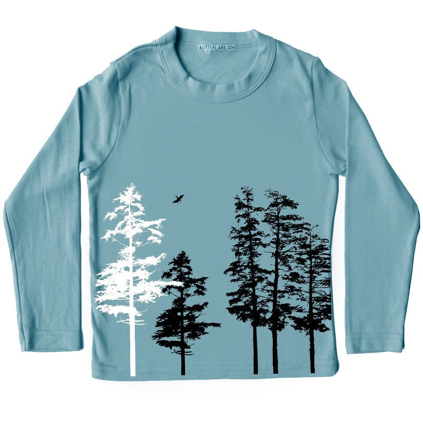 Kid's Hemlock tree shirt, storm blue long sleeve t-shirt, interlock cotton screenprint, toddler sizes