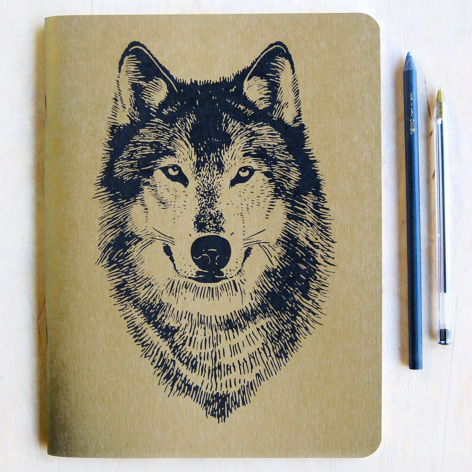 Large Gold Wolf Notebook Journal, metallic book cover, lined recycled paper, offset printed, Wolf Face, woodland, made in Portland Oregon