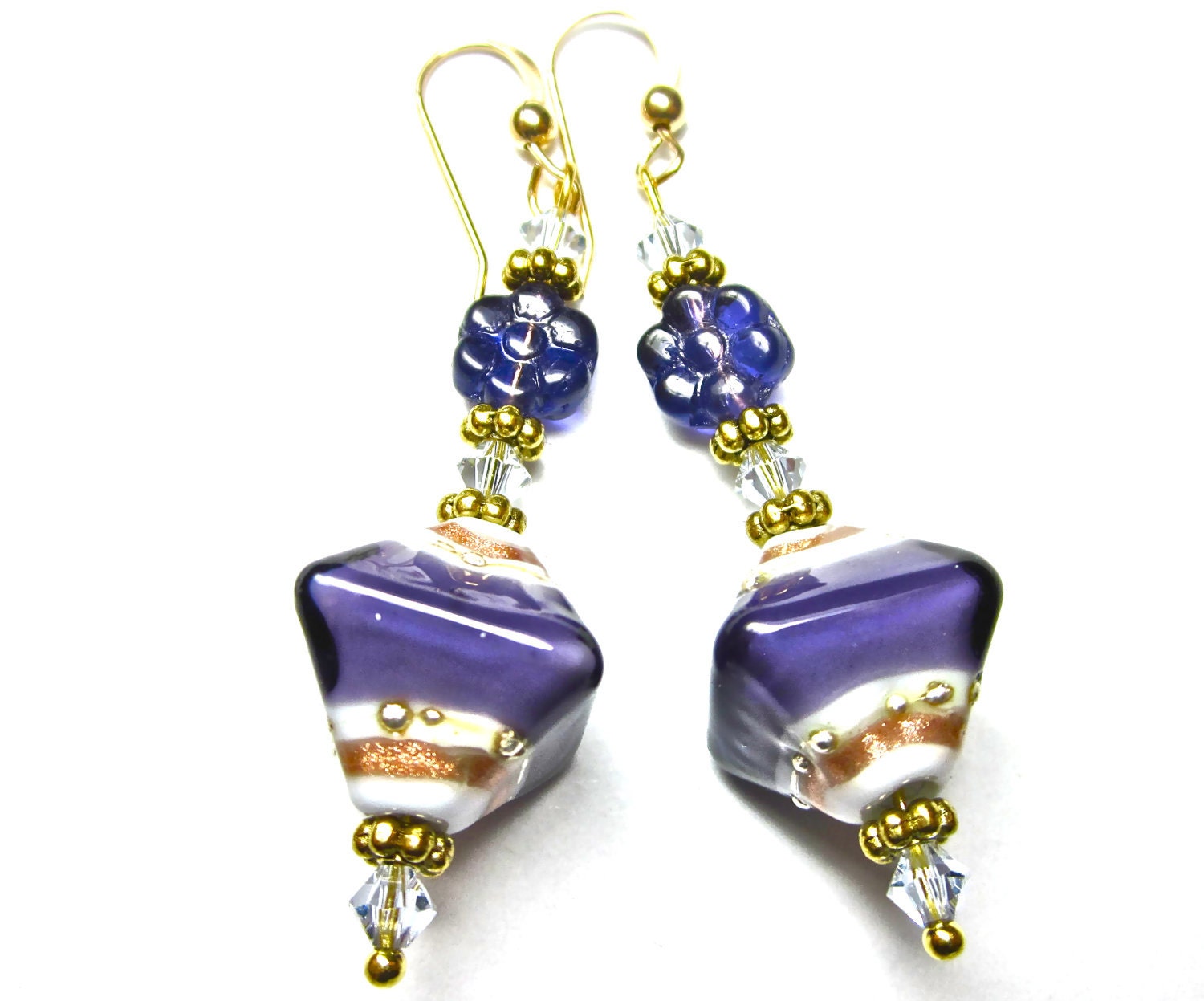 Lampwork Earrings, Handmade Lampwork Beads, SRA Artist, Swarovski Crystals, Gold-Filled Earwires, Czech Glass Beads