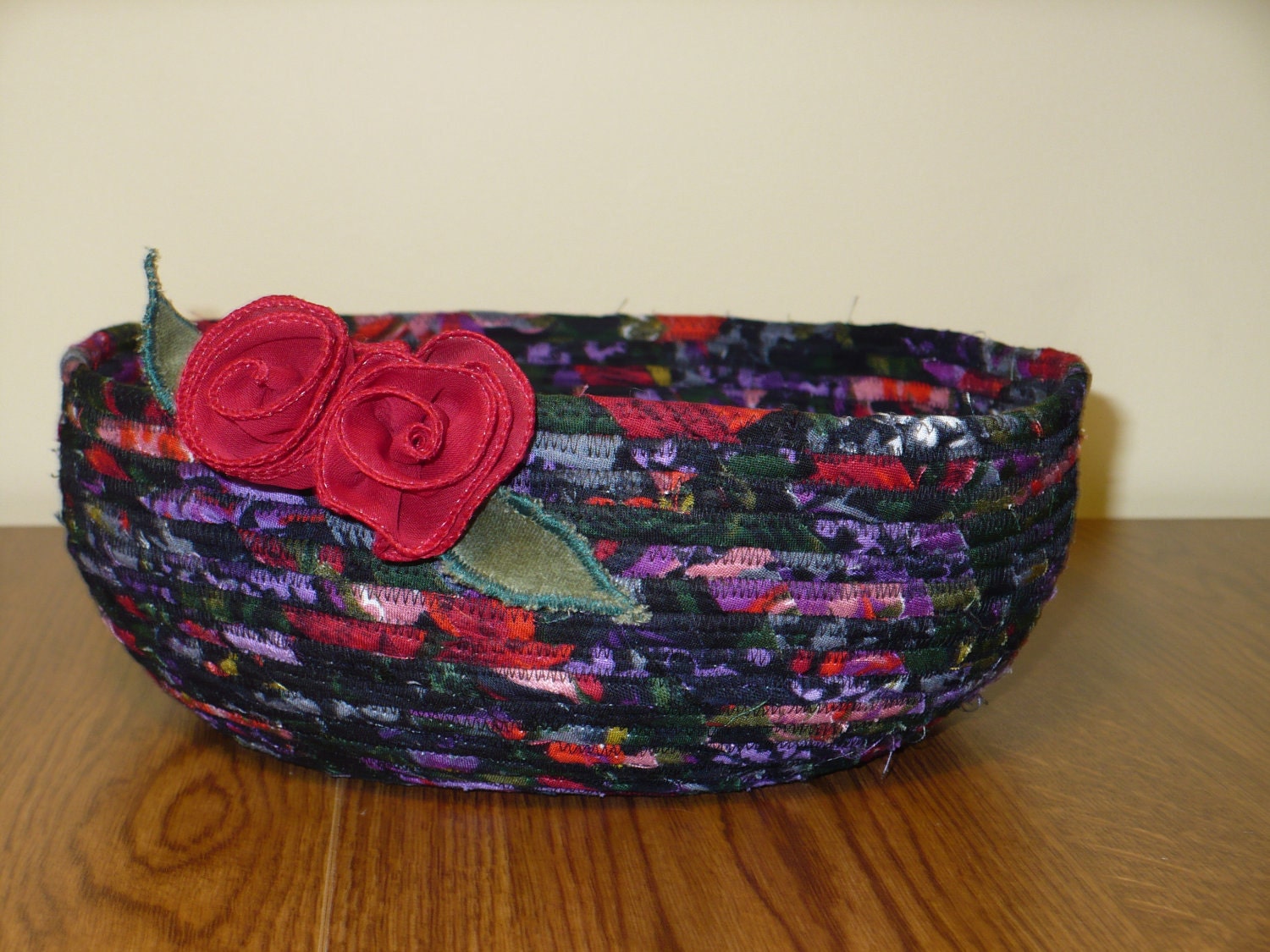 Coiled Red and Black Fabric Clothesline Basket with Roses