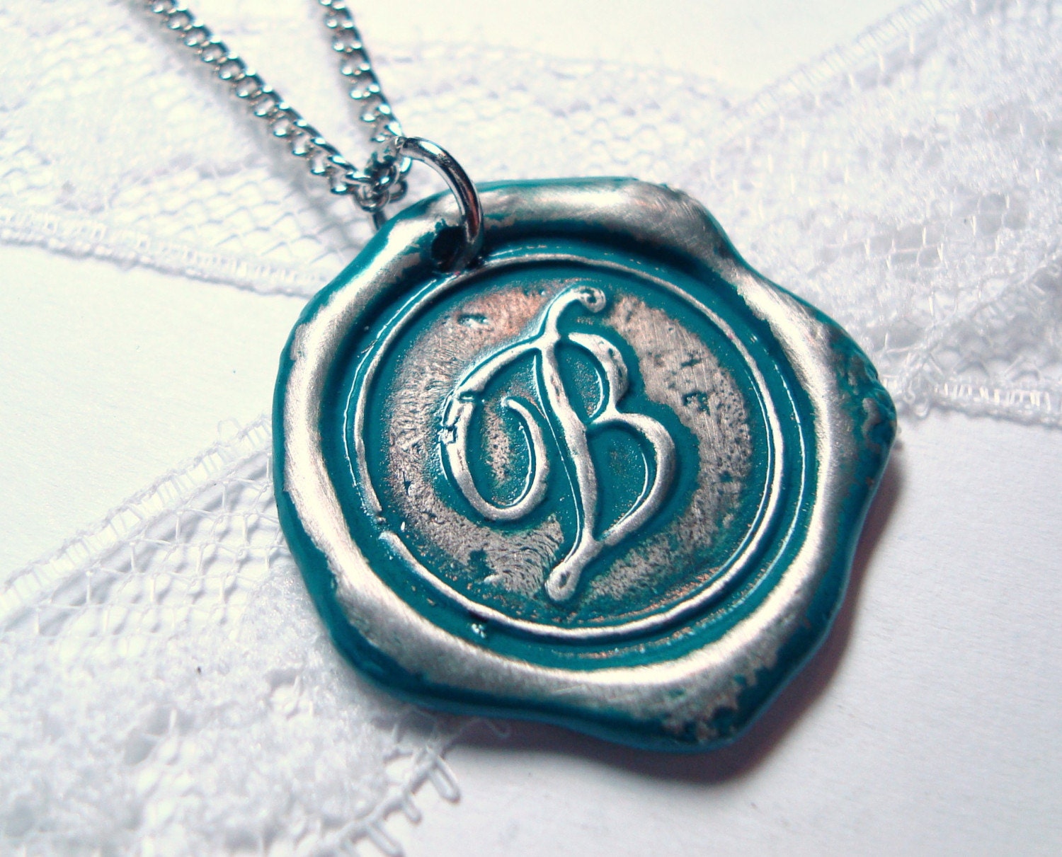 Ritzy Misfit Wax Seal Pendant TEAL colored letter of your choice monogrammed initial WITH chain
