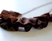 linen ruffle necklace in chocolate brown. antique bronze chain.