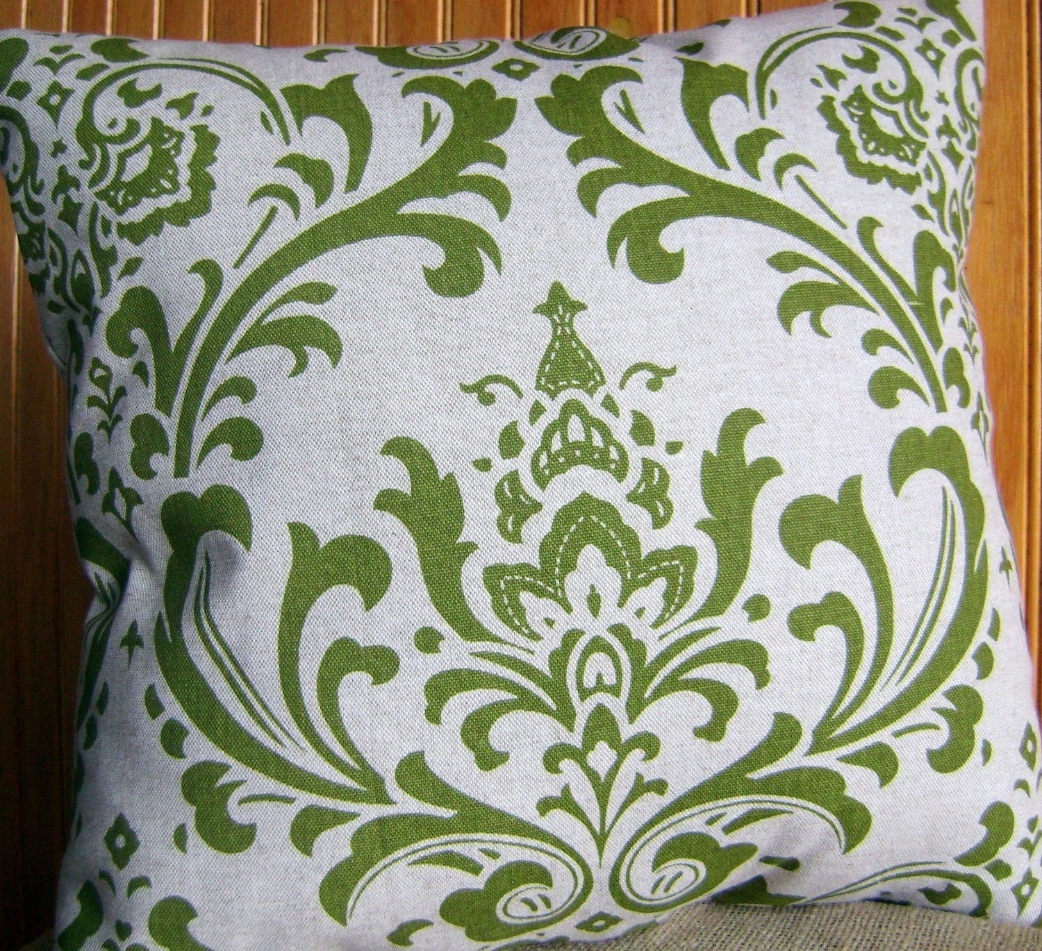Pillow Covers - Green Damask on Natural - Set of Two - 16 Inch