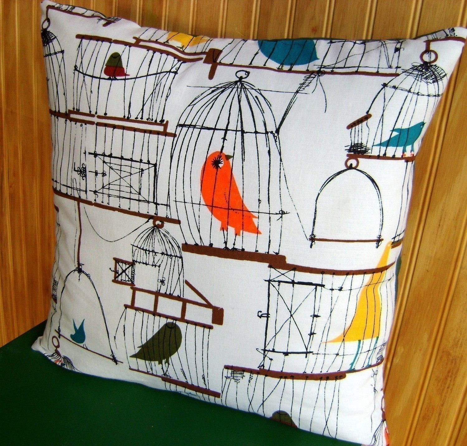 Birdcage Pillow Cover - Happy Retro Birds- 16 inch
