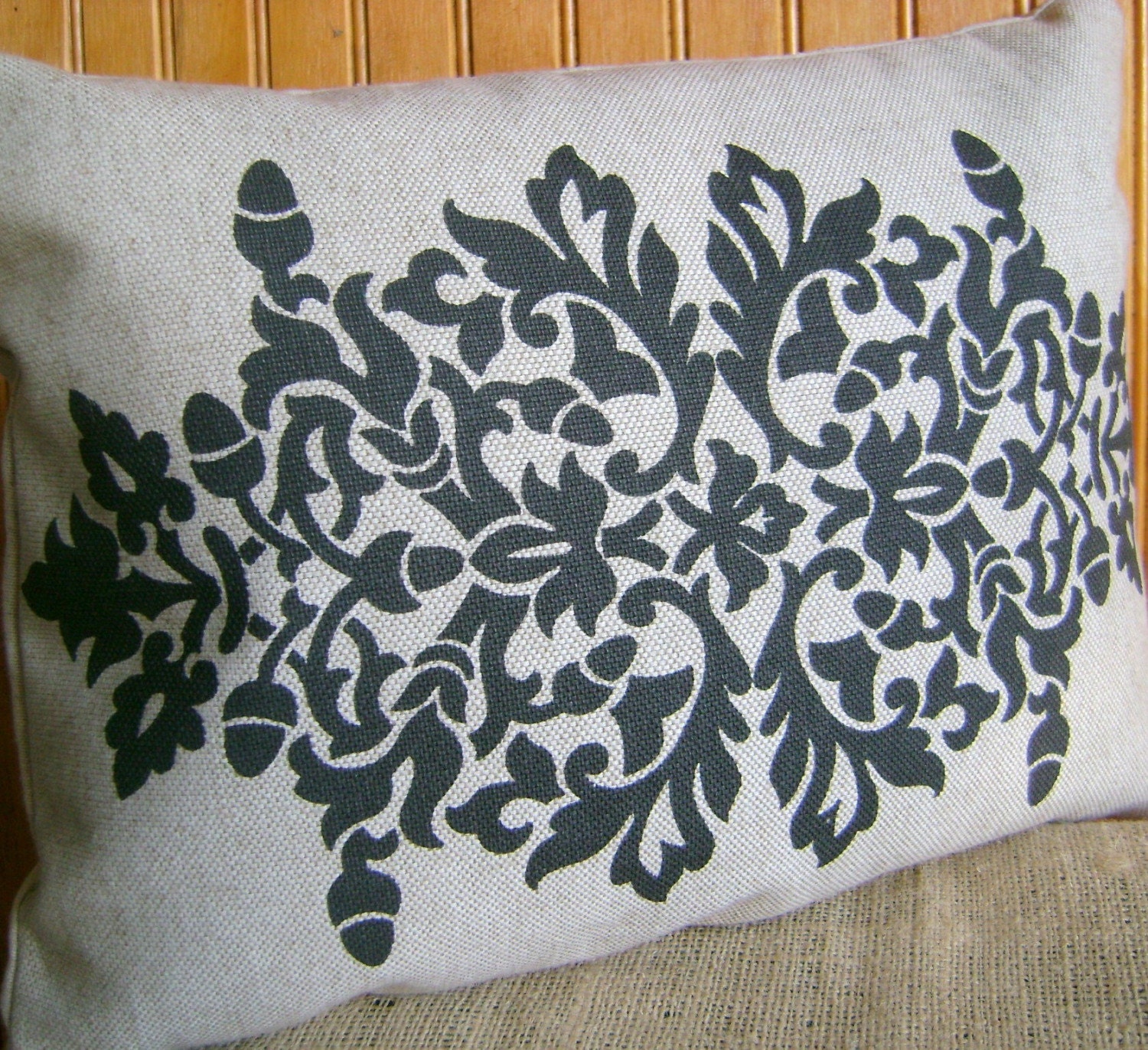Espresso Damask on Natural Pillow Cover - Rectangle 16 by 12 Inch