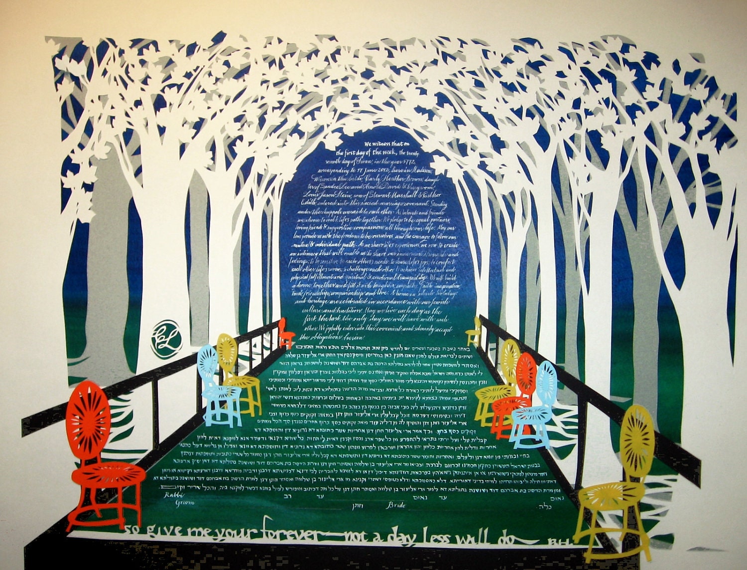 Tree Path with Wisconsin Sunburst Chairs - Ketubah - multi-layered papercut wedding artwork