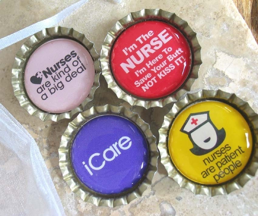 Very Funny Nurse BottleCap Magnets with White Organza Bag- Set of 4