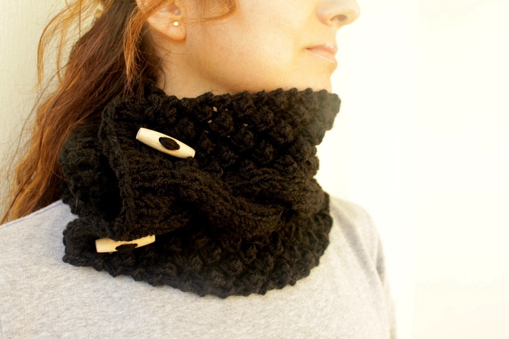 Winter Accessories Black Knit Cable Chunky Cowl Neck Warmers Scarf With Buttons
