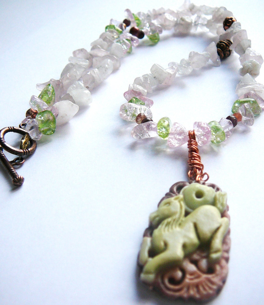 Chinese Horse Spirit Necklace / Rose Quartz , Quartz , Copper
