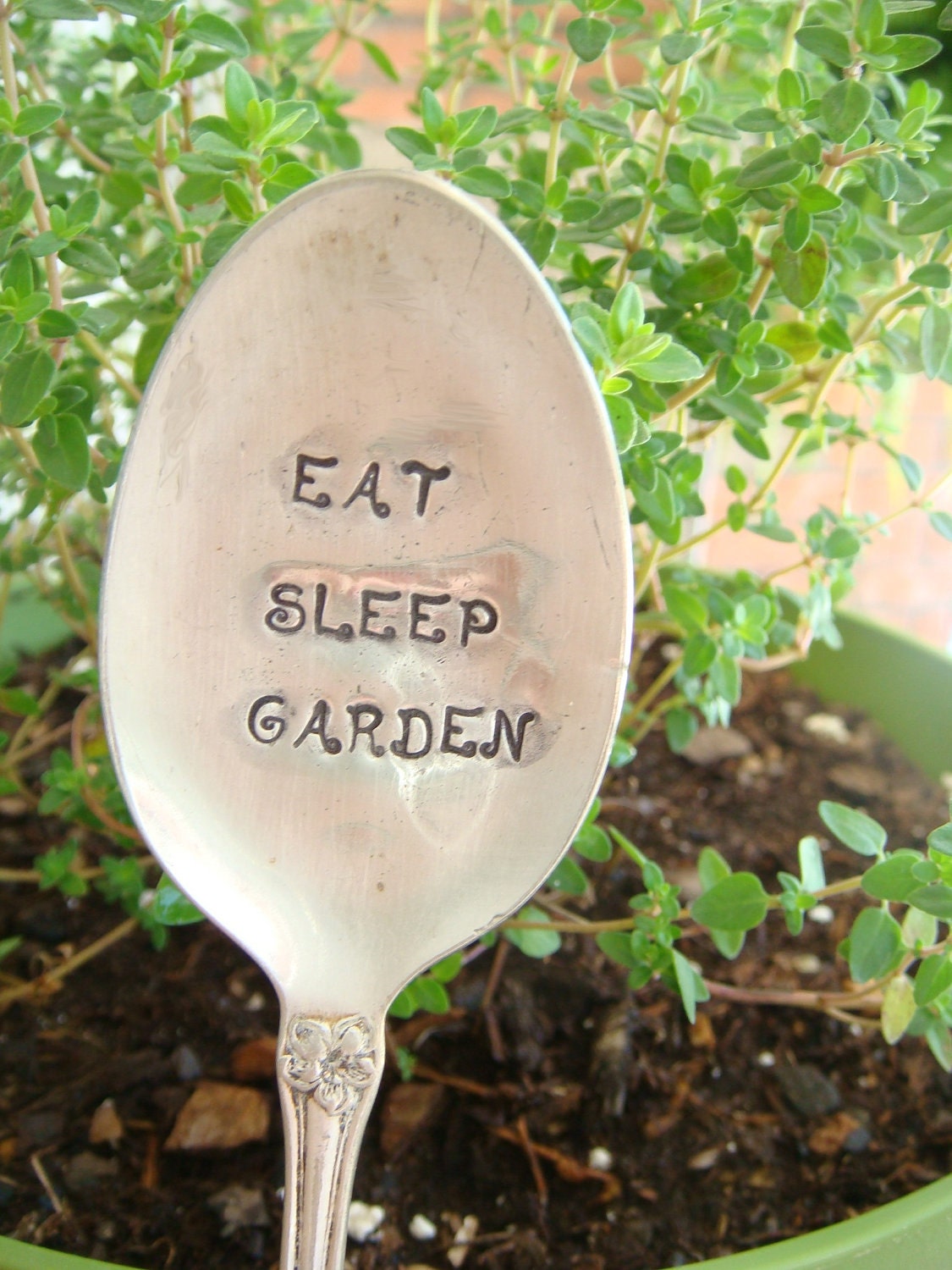 Hand Stamped Recycled Vintage Silver Plated Spoon Garden Marker - Eat, Sleep, Garden