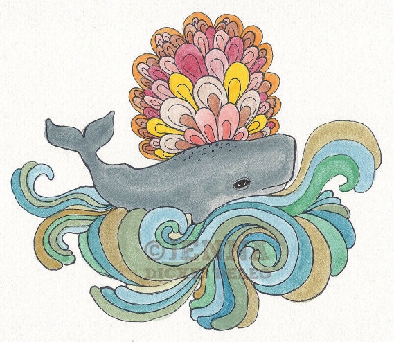 Retro Whale original art print - 6 x 5