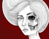 Halloween Sale - Skeleton zombie girl pin up art print