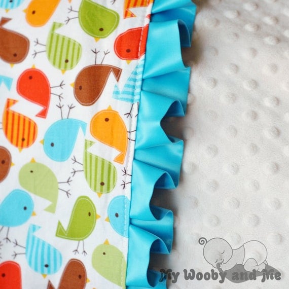 Baby Blanket - Minky Baby Blanket - Birds in Bermuda - Satin Trim - Straight or Ruffled - Personalization Available - Several Sizes