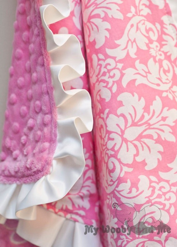 Cotton Candy Dandy Damask Minky Baby Blanket with Satin Trim ( Straight or Ruffled)...YOU CHOOSE Colors and Size.. Personalization Available