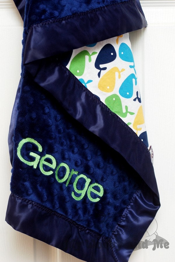Blue Zoologie Whales Minky Baby Blanket with Satin Trim ( Straight or Ruffled) YOU CHOOSE Colors - Several Sizes - Personalization Available