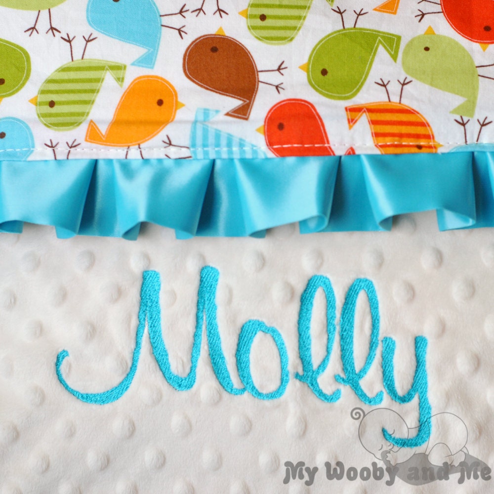 Baby Blanket - Minky Baby Blanket - Birds in Bermuda - Satin Trim - Straight or Ruffled - Personalization Available - Several Sizes