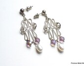 Janine, handmade, sterling silver wire, Swarovski rose ab crystal and pearl, wire wrapped, pierced, dangle earrings