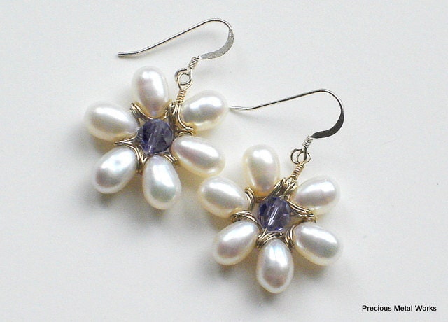 Brynn, handmade, freshwater pearl and Swarovski crystal bead pierced, dangle earrings