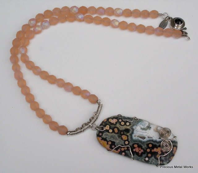Earth Gem, handmade sterling silver wire wrapped, oval, occular agate slice pendant and Czech ,matte crystal beaded necklace