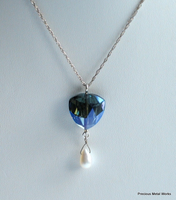 Blue Grotto, handmade, sterling silver and Chinese "London blue" trillion cut crystal and freshwater pearl drop pendant/necklace