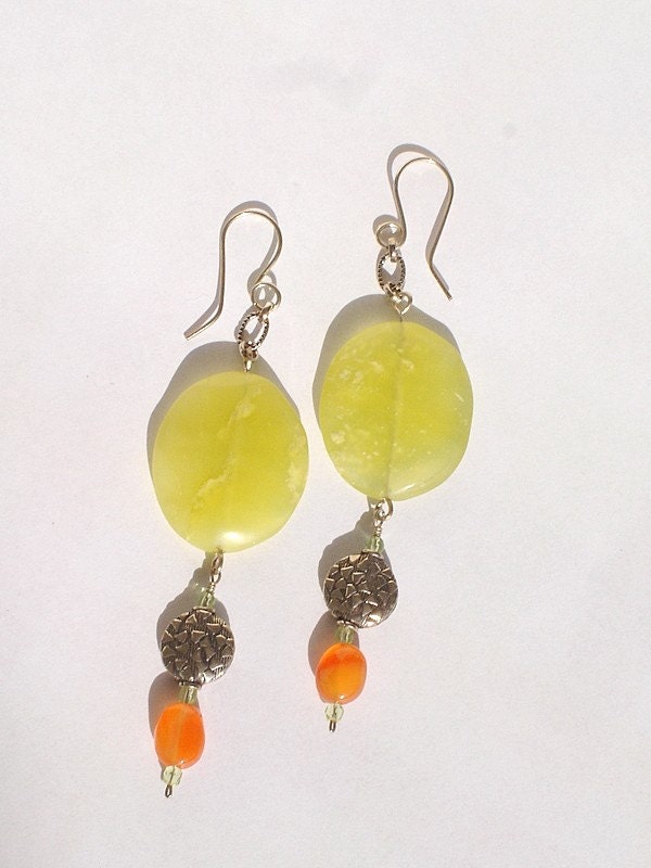 Marguerite, handmade, lemon jasper, peridot, carnelian and silver plate, textured bead, dangle earrings