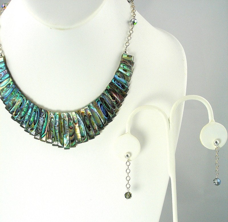 Laguna Celeste, handmade, Paua shell collar, Swarovski crystal and sterling silver necklace and earrings