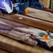 Large Footed Wooden Serving Platter or Cutting Board Featuring Live Edge Hickory and Circle Inlays - Harvest Table Centerpiece