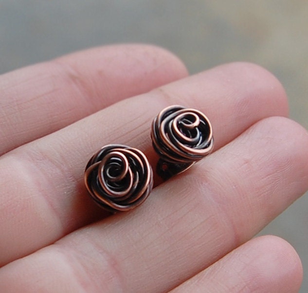Rose bud earrings, Posts, Oxidized copper, Wire jewelry