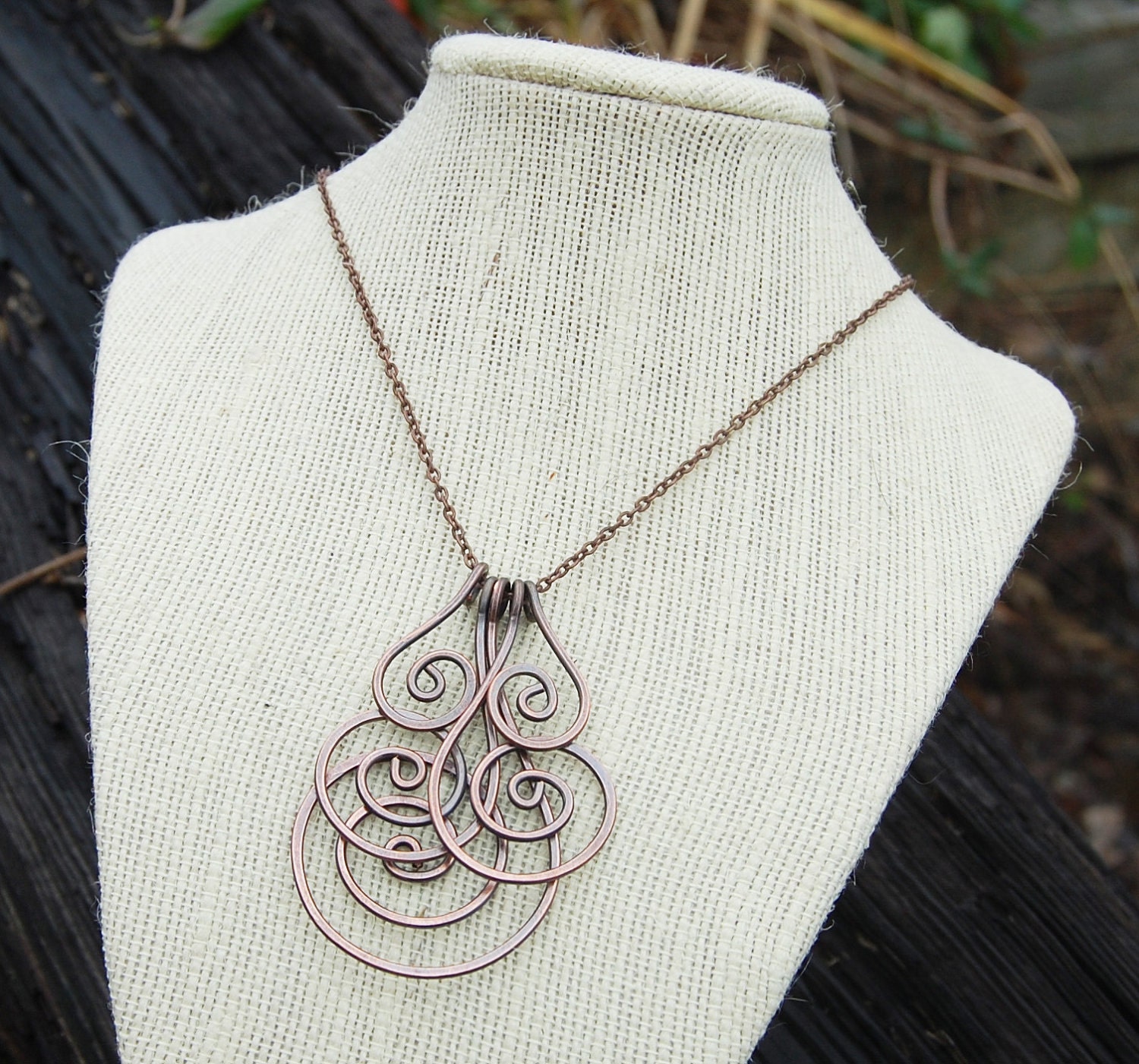 Oxidized. Copper. Spiral. Cluster. Chain. Necklace.