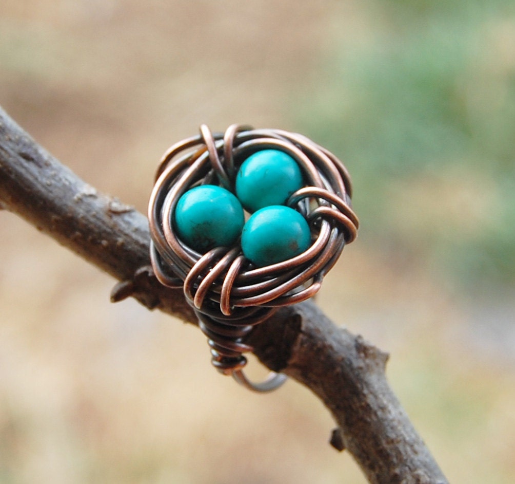 Bird nest ring, Oxidized copper, Howlite Turquoise, Custom sized, Wire jewelry